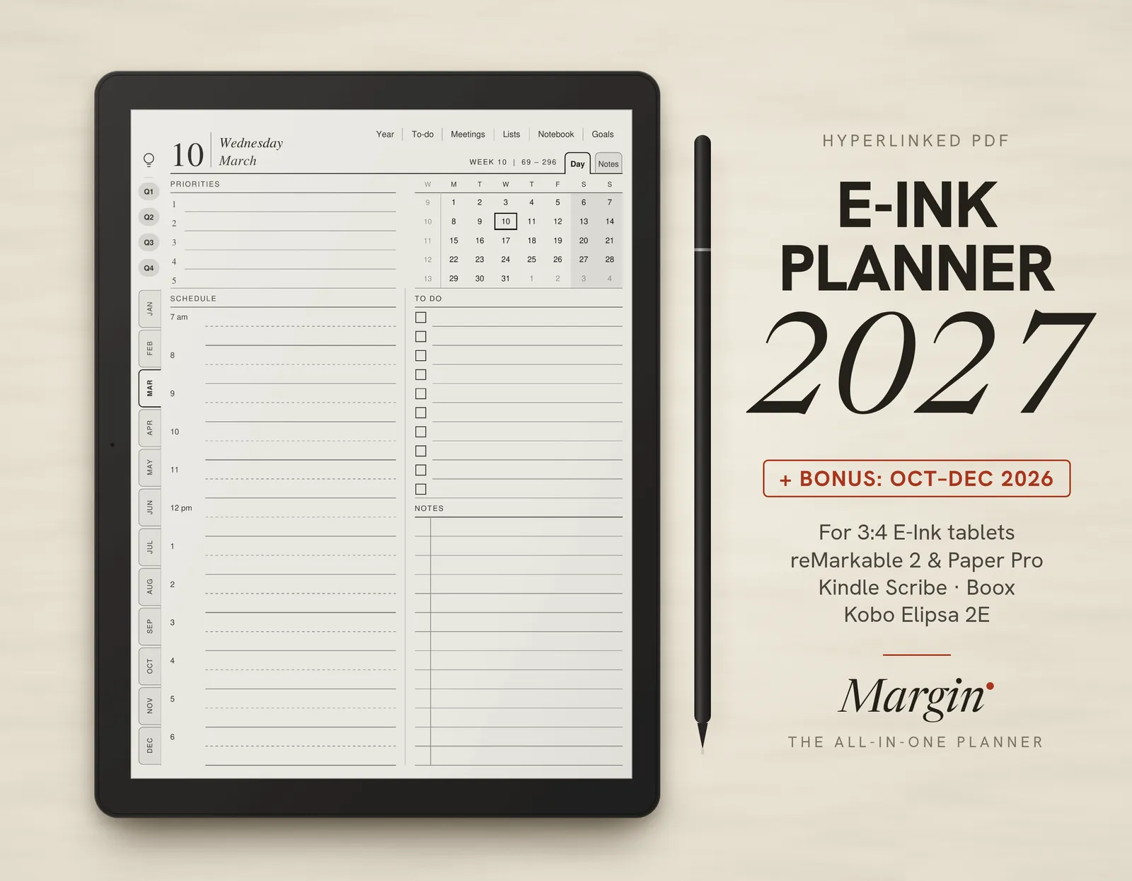The Margin Planner 2027 on a reMarkable tablet, open at a day page