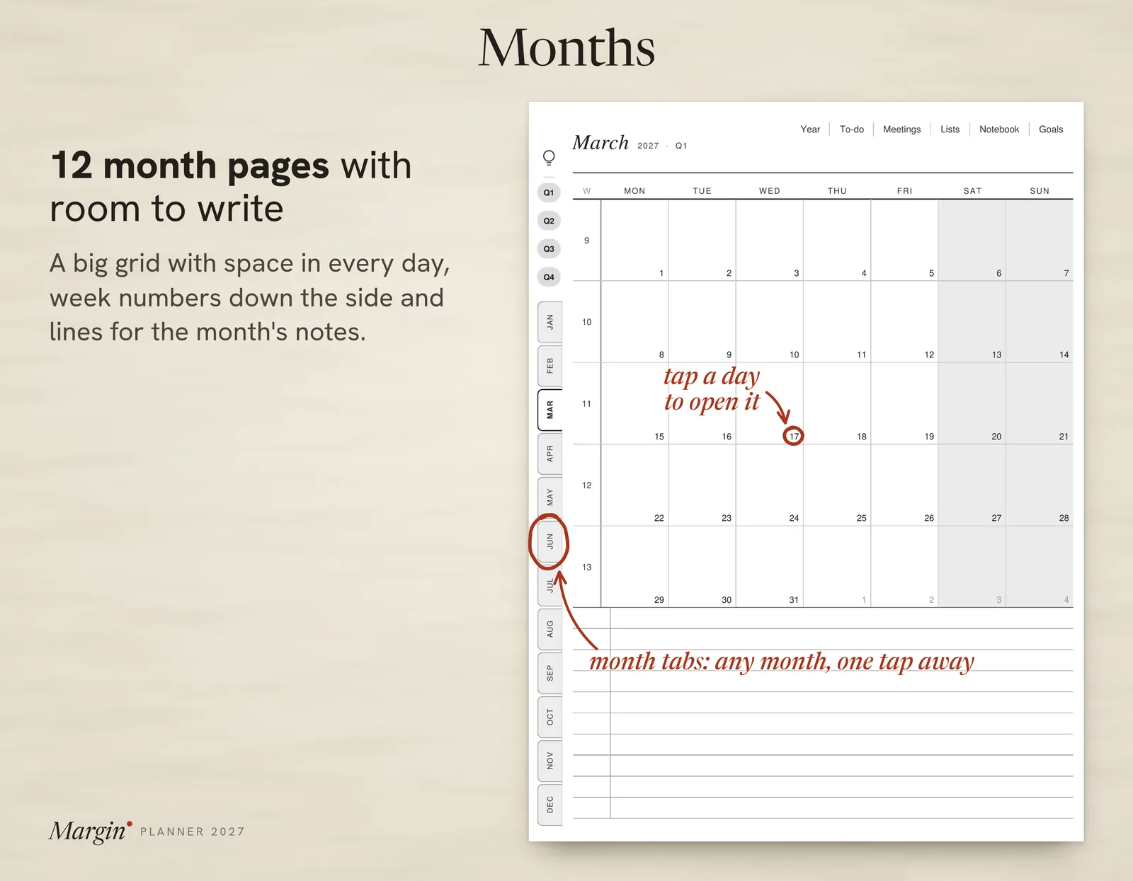 A month page: a big calendar grid with week numbers and the month tabs down the side