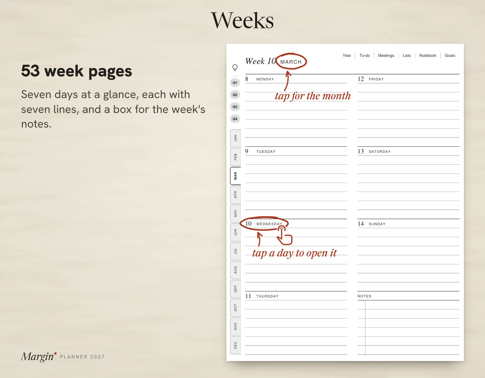 A week page: seven days of lines in two columns and a box for notes