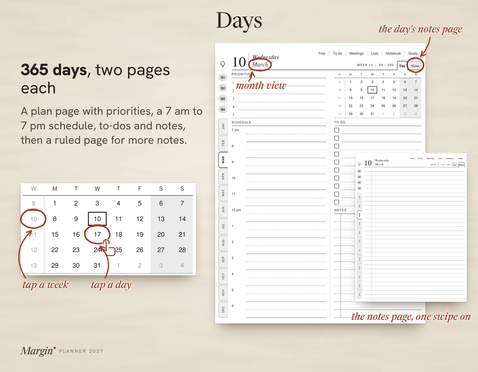 A day page with priorities, a 7 am to 7 pm schedule, to-dos and notes, beside its ruled notes page