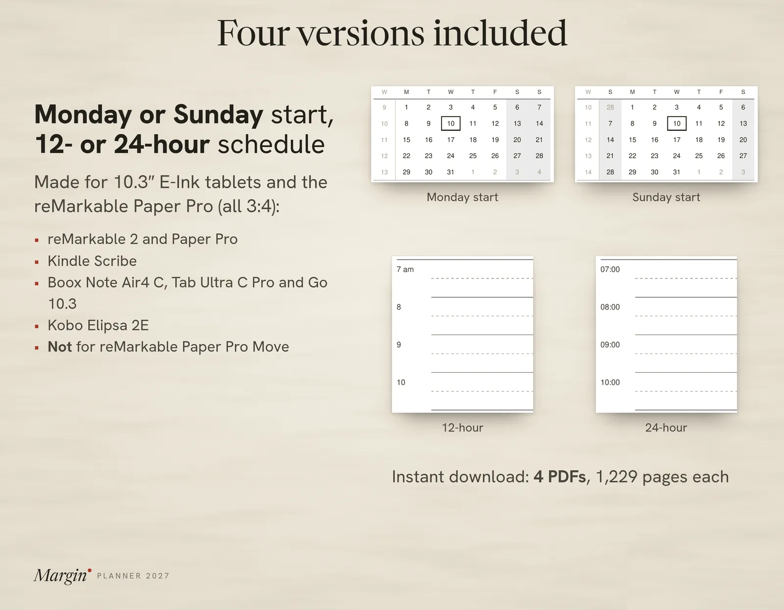 The four versions: Monday or Sunday start, with a 12- or 24-hour schedule
