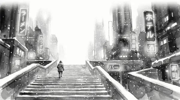 2027 Neon Rain Picture Calendar: January, Snow on the steps