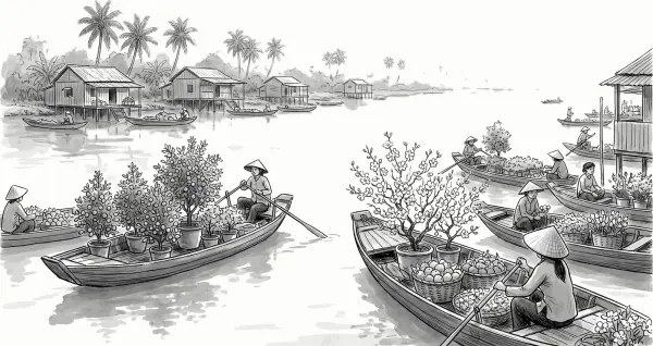 February: Market boats before Lunar New Year