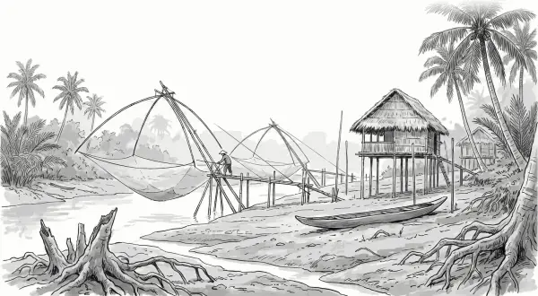 March: Fishing nets at low water